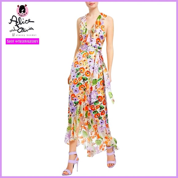 Alice + Olivia Evelia Floral Tie Waist Silk Blend Maxi Dress - Picture 14 of 16